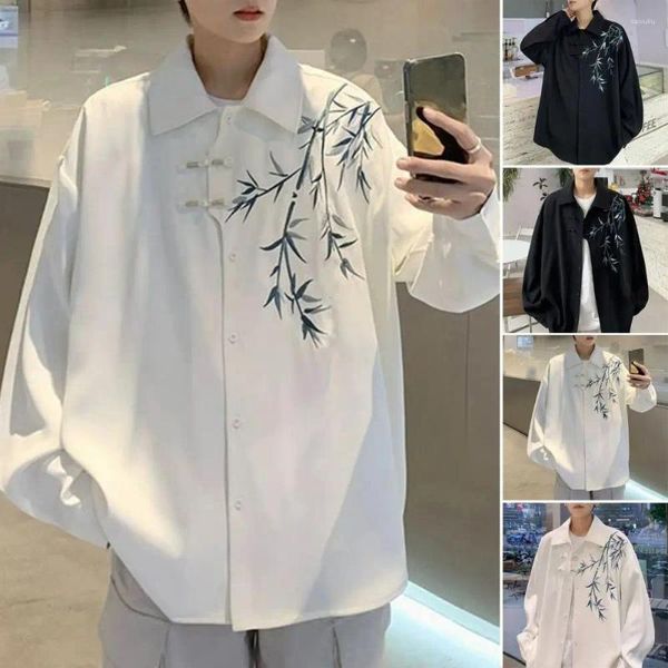 Camisas casuais masculinas Spring Men Shirt influencia o design retrô de cor sólida estilo chinês Bamboo Borderyer Cardigan Casat com Tang Suit