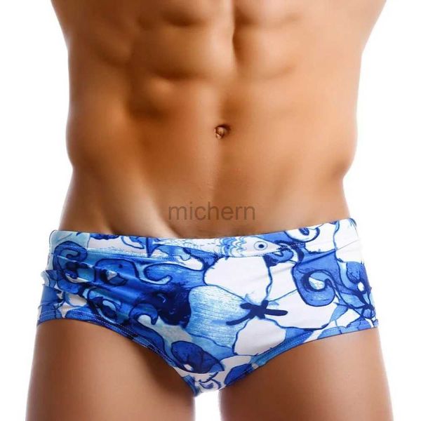 Swimwear maschile push up pad da bagno slip da bagno da bagno 3d bikini da bagno blu pesce uomini nuotare tronchi surf spiaggia pantalone da bagno sexy shorts d240424