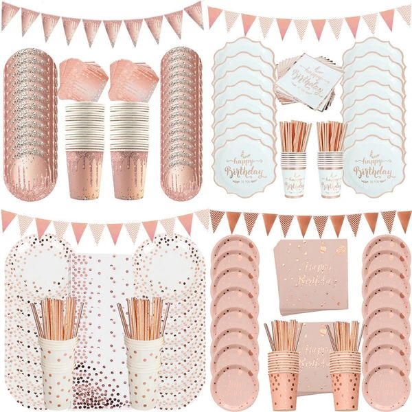 Rose Gold Party Supplies Polias descartáveis Polinhas de papel Copo Banner de palha Decoração de aniversário do chá de panela no chuveiro 240411