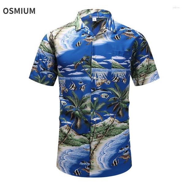 Herren lässige Hemden Mann Sommer Holiday Beachwear Shirt Jungen Retro gestreiftes Blumendruck Blume Plus Größe kurzärmelige Hawaiianische Palme