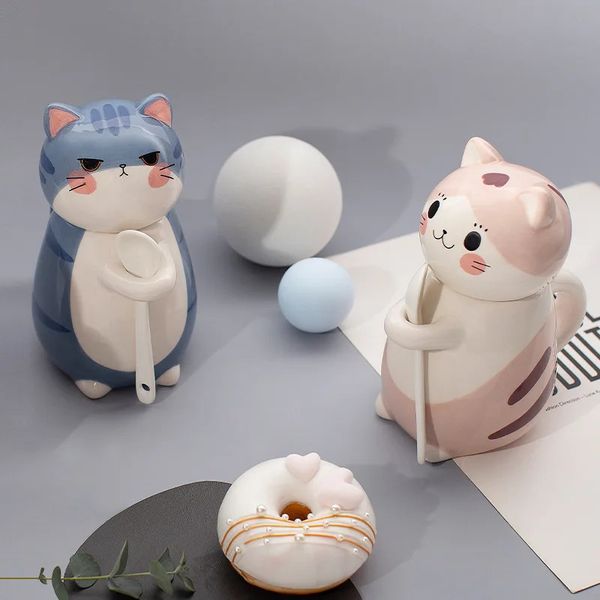 12 estilos canecas de cerâmica de gato fofo Creative Painted Hand Canecas 3D com manusear chá de leite de café com chá de café da manhã Bom Gifts 240418