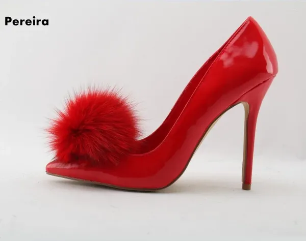 Elbise ayakkabıları zarif kırmızı patent deri kadın pompalar sivri uçlu ince topuk tüy bahar slip-on düğün slim