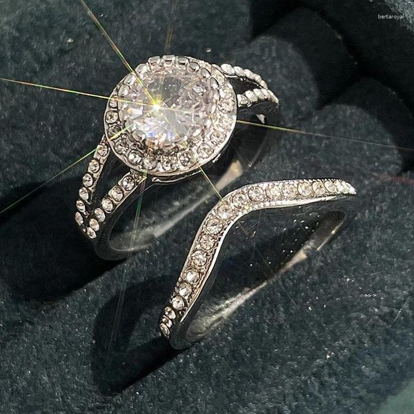 Ringos de cluster Luxo Cut Round Cut Zircon Infinito Engajamento para Women Weanding Weands Bridal Ring Set