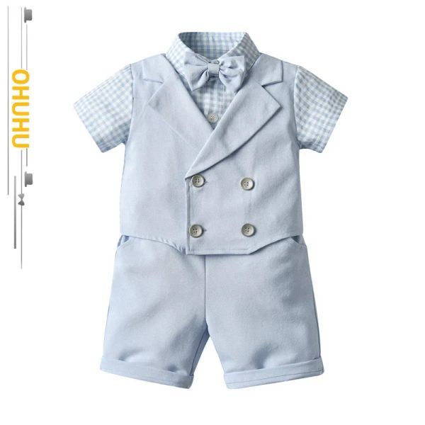 Blazer 2022 Sommer neuer formeller Kleid Boy Plaidanzug Baby Gentleman Feste Farbweste TWISCHER SHORTSLEEVED -Anzug Blau 3009