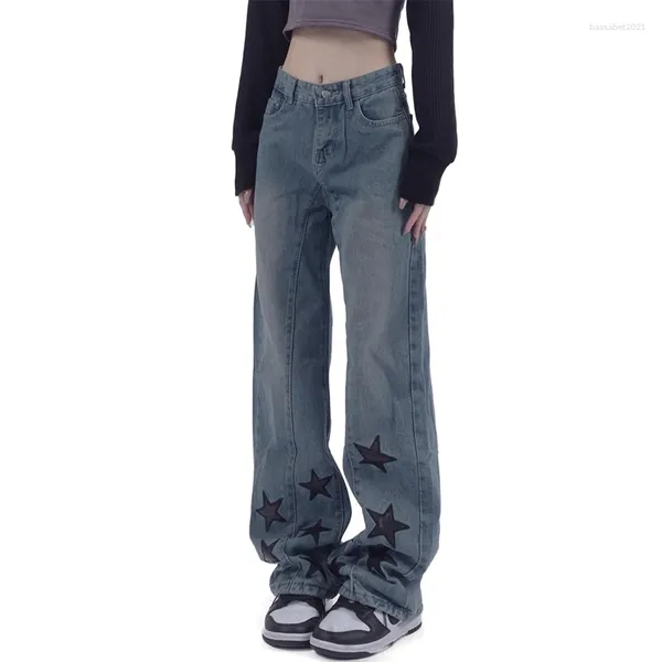 Jeans feminino streetwear mulheres y2k roupas pentagram jeans pantalon fêmea de cintura alta tendência chique em calças de perna larga de pernas largas mujer