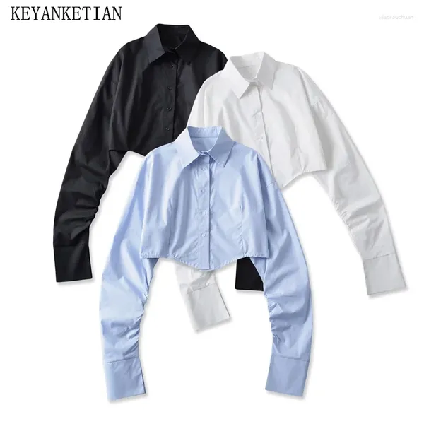 Damenblusen Keyanketian 2024 Launch Women Short Poplin Shirt High Street Single Breaceed Plissee, lang Ärmeltes schickes Crop Top Spicy Girl