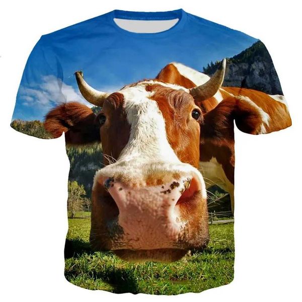 Camiseta feminina fofa e divertida vaca animal 3d impressão masculina casual moda sportswear t-shirt verão respirável lança curta solta 240423