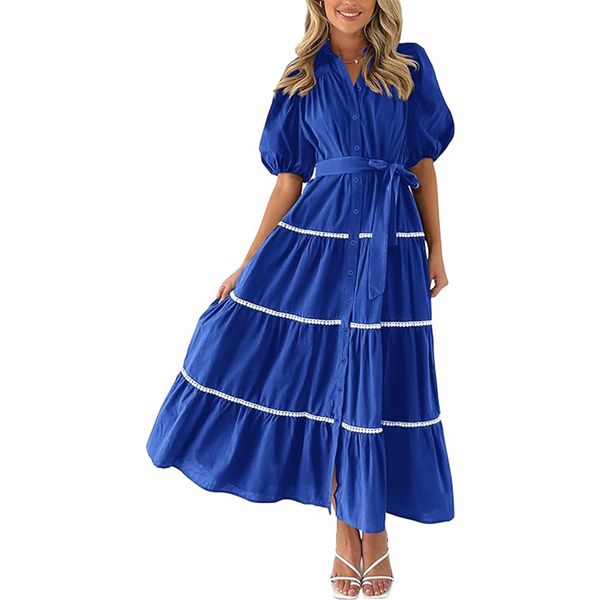 Women Casual Midi Kleider Sommerknopf Hemdkleid Kleid Kleid von Puffy Sleeve Stufe Rüsche fließend lange Maxikleider