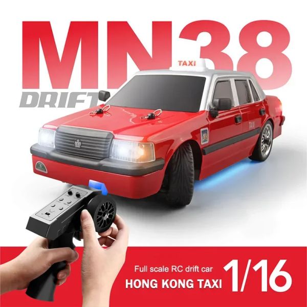 Cars Mn38 RC Car 1/16 Fernbedienungsfahrzeug Hongkong Taxi 4WD Offroad Controllable Atmosphäre Lampe Simulat -Driftspielzeug für Kinder