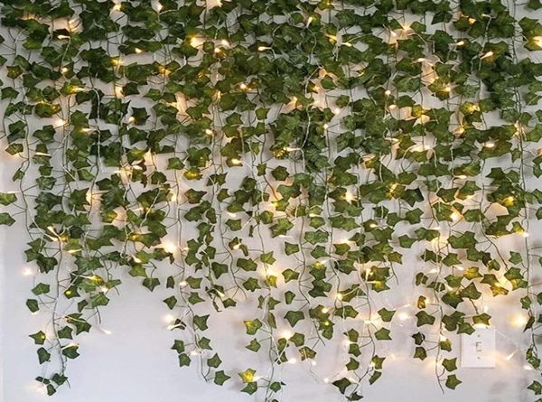 Flores decorativas grinaldas 23m Creeper artificial Videira de folhas verdes com luzes de cordas LED de 2m Luzes de casamento DIY Festa Gar8111902