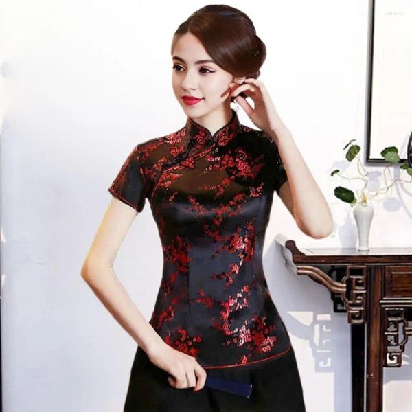 Женские блузки женщины Qipao Tops Floral Print Традиционный китайский воротник с коротким рукавом Cheongsam Женская одежда для ежедневной одежды