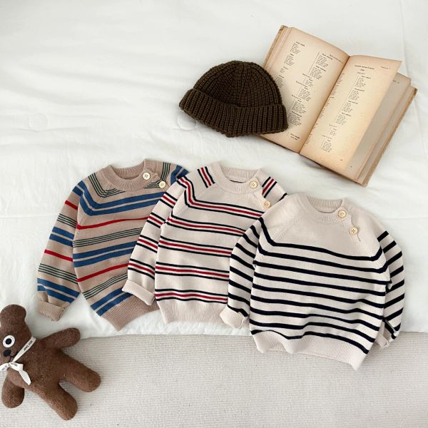 Camisters coreanos de outono Kids suéteres moda listrada suéter meninos 2023 Novo pulôver de bebê malha 024 meses