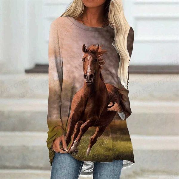 Maglietta per cavallo da donna maglietta animale da stampa 3d t-shirt da donna maglietta a maniche lunghe per maglietta da donna maglietta sciolta camisetas femme 240423