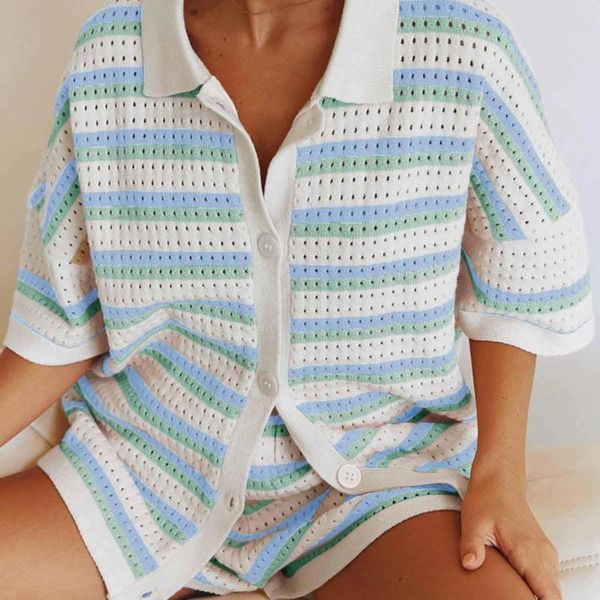 Ev Giyim Kadınları Y2K Estetik Pijamalar Setler 2 Parça Salon Giyim Takımları Şerit Kontrast Renk Düğmesi Tığ Örgüsü Üstler Şort Lounge