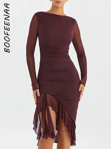 Abiti casual Boofeenaa sexy Sheer Mesh Abito midi a maniche lunghe senza maniche lunghe abbigliamento elegante per le donne abiti da festa c92-da33