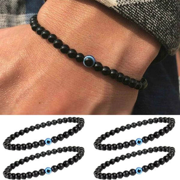 Strands 2 pezzi Occhi blu turchi Bracciale Black Black Natural Stone Perle Obsidian Beacet for Women Men Yoga Hand Jewelry Regali 6mm