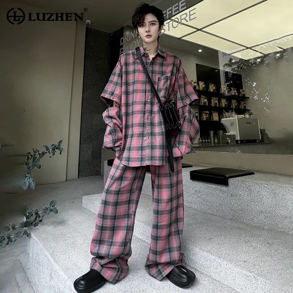 Luzhen eleganti set a due pezzi di design a quadri stampicabili da maschi 2024 pantaloni dritti allentati camicie da uomo LZ2424 240416