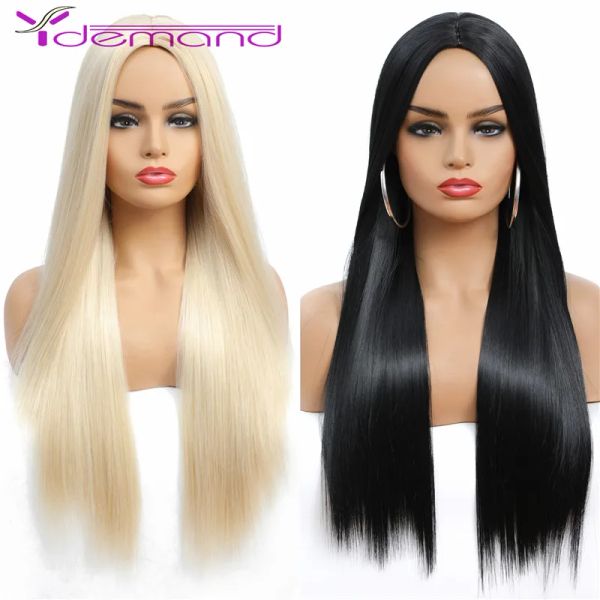 Parrucche y Richiedi miele bionda bionda / neri capelli sintetici parrucca lunga dritta come parrucche di capelli umani brasiliani per donna