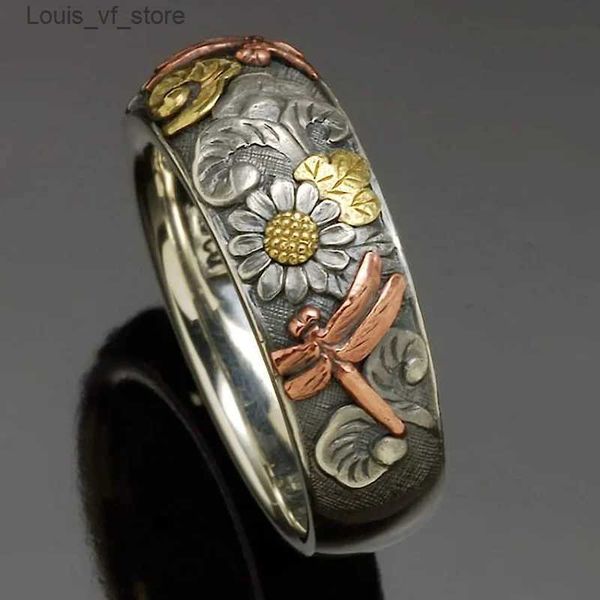 Bandringe Vintage Silber und Roségold Farbe geschnitzte Libelle Sonnenblume Ring einzigartige Metallblume Frauen Verlobungsfeier Schmuck H240424