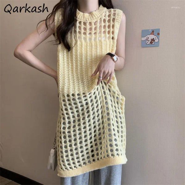 Lässige Kleider ärmellose Frauen O-Neck hohl aus gestrickte lose süße High Street Side Sait Korean Chic Girl Ins