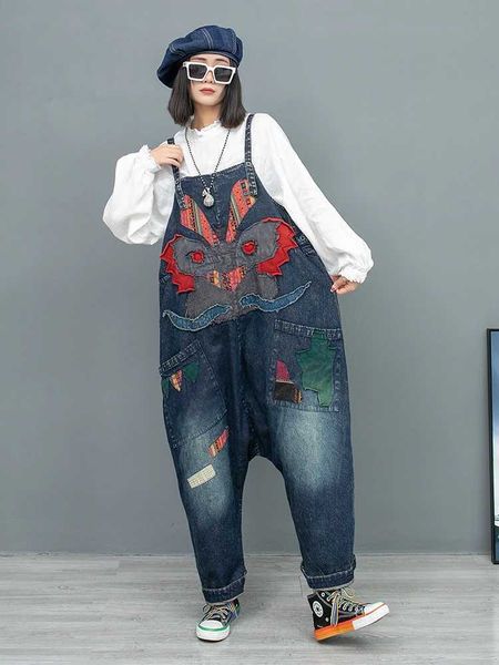 Jeans Fashion femminile femminile Applique ricamato ricamato streetwear intrecciato in denim tute ad alto livello di sovradimensionato di salti per le gambe dritti 240423 240423