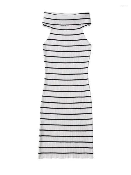 Abiti casual stile classico Donne a strisce nere Summer Elastic White Long Dress Ladies Sleevels Sleevels Sleevels