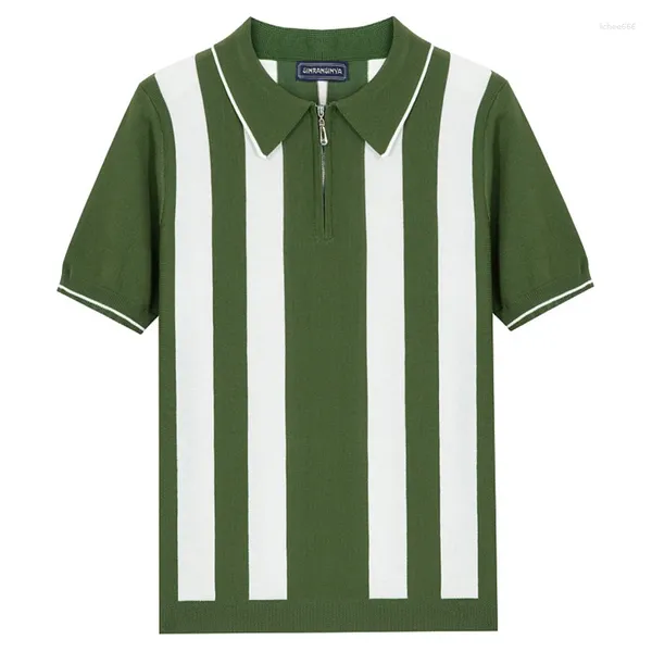 Herren Polos Vintage gestreiftes Strickmenschen Poloshirts lässige atmungsaktive schlanke Stretchstrick -Männer Sommer Kurzarm Lteel Reißverschluss Tipper T -Shirt