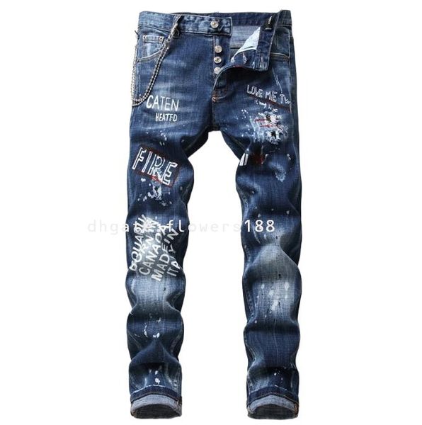 Jeans masculinos Segundo quadrado quadrado tinto esfarrapado tinta masculina Múltipla crachá de jeans de jeans de jeans de jeans magros de mendigo
