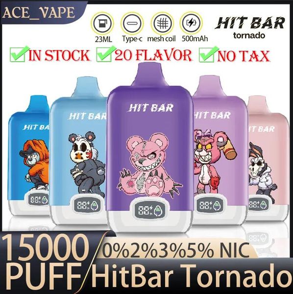 Hit Bar Tornado 15000 Puff Disponível E Cigarros 1OHM Mesh Coil 23ml Pod bateria de bateria eletrônica CIGS PHUG de 15K 0% 2% 3% 5% Vape Pen Tornado 9000 9k