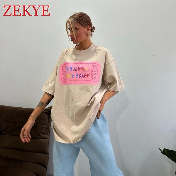 Zekye Hole Design Vintage Loose Streetwear T -Shirts Retro Chic Basic Long Top Women Mode Ästhetik schwarzes Tee 90s Casual 240416