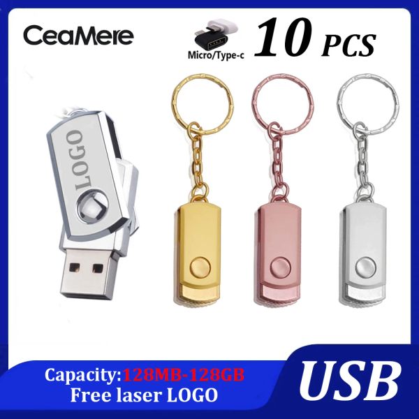 Unidades 10pcsMetal USB Flash Drive 64 GB de thumbdrive 4GB 8GB Pendrive 32 GB Flash Memory Stick 128 GB de caneta à prova d'água 16 GB de disco USB