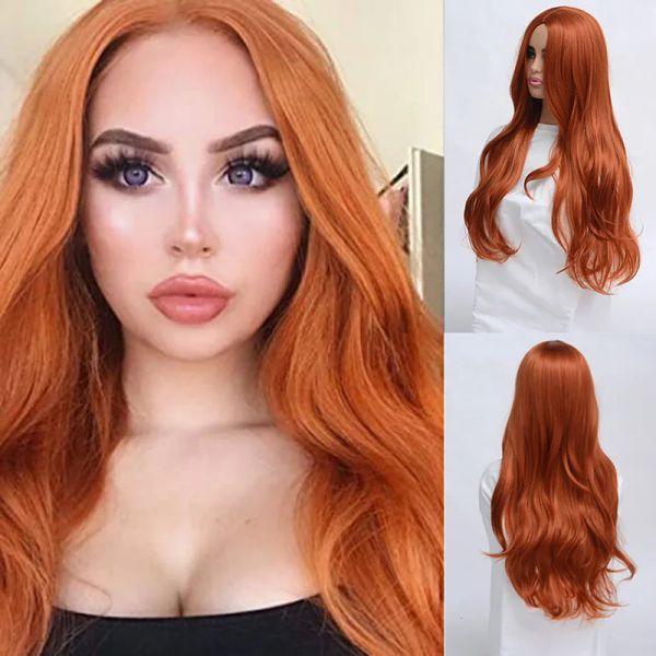 Perucas caprichosas w penteado de onda corporal longa perucas de laranja para mulheres parte média resistente ao calor fibra sintética do tamanho médio