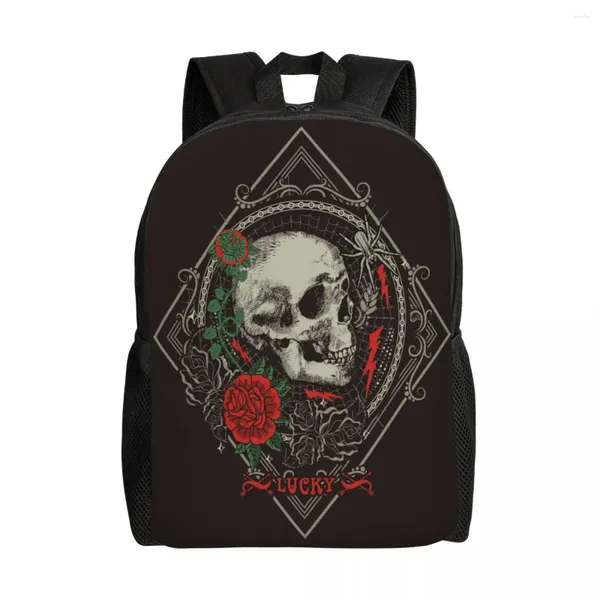 Mochila bolsa escolar de 15 polegadas Laptop ombro casual Bagpack Travel Skull Gothic e Roses Mochila