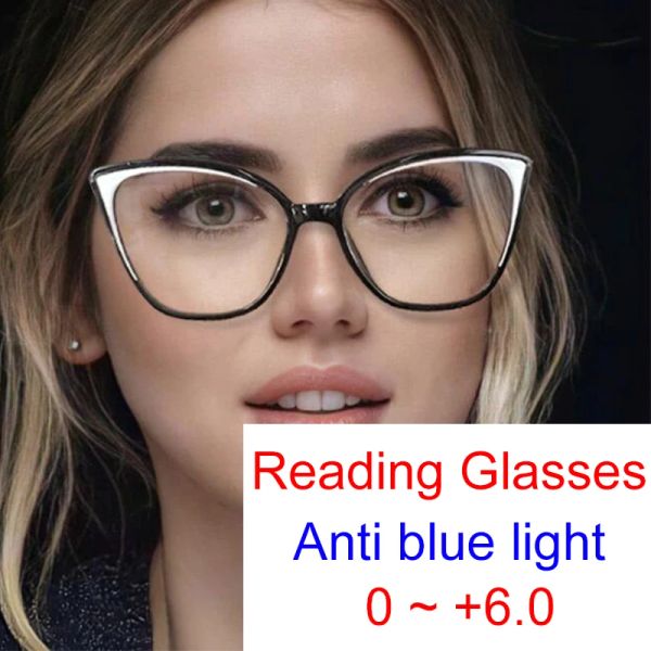 Lentes Brand Vintage Cat Eye Reading Glasses Women Whomen Black Rim Prescrição óptica óculos de receita moldura Novos óculos leves azuis