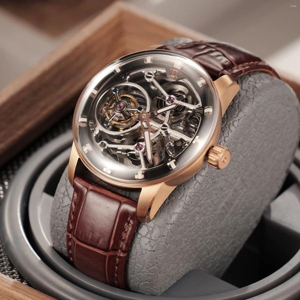 Orologi da polso oblvlo uomini orologi meccanici vera pelle oro rosa scheletro quadrante tourbillon trasparente vento manuale im-sk-tb