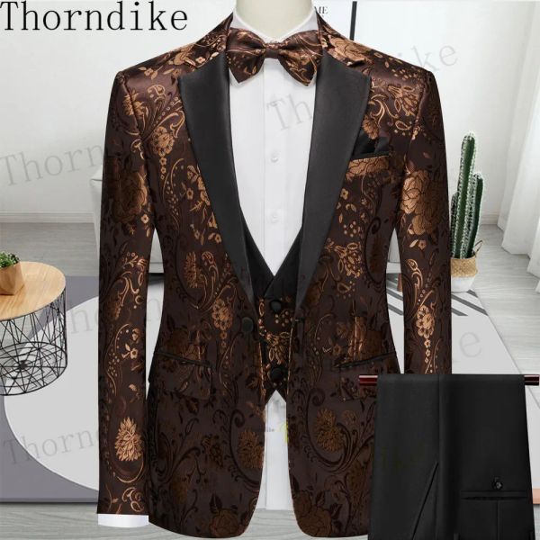 Suits Thorndike 2022 Yeni Moda Damat Kahve Erkek Takım Çifte 3 Parçalı 3 Parçalı İnce Fit Yüksek Kaliteli Düğün Partisi Şarkıcı Kostüm