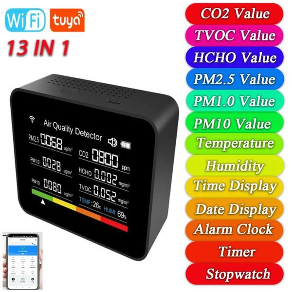 13 em 1 Tuya Wi -Fi Monitor de qualidade do ar interno Medidor de detector CO2 CO2/TVOC/HCHO/PM2.5/PM1.0/PM10 Função de alarme de controle de aplicativo remoto 240423