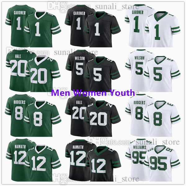 Nuove look maglie per 2024 calcio 5 Garrett Wilson 1 salsa Gardner 20 Breece Hall 8 Aaron Rodgers 12 Joe Namath 95 Quinnen Williams Men Women Youth 100% Stitched.