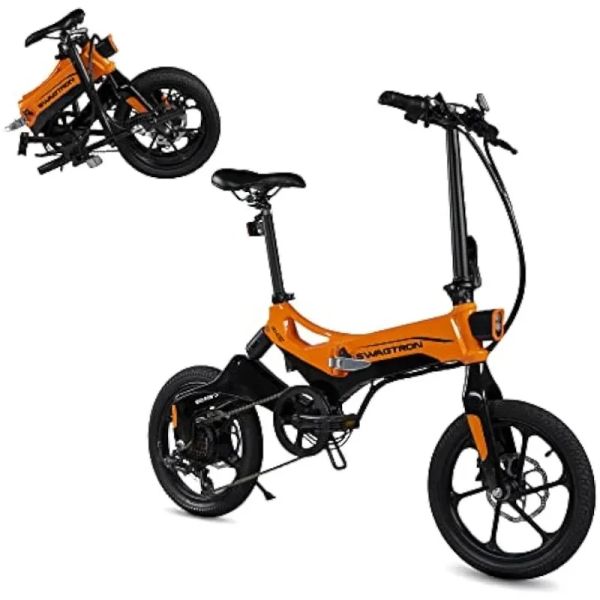 Bicicleta Swagcycle Eb7 Elite Plus Folding Electric Bike com bateria removível, laranja/preto, rodas de 16 