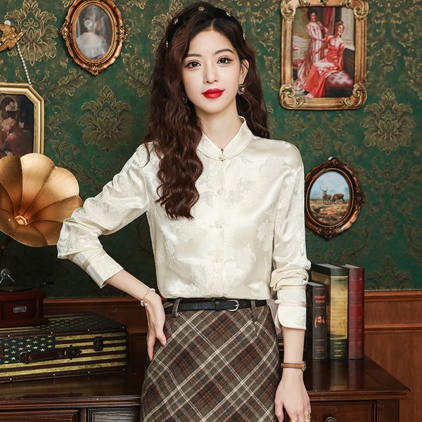 Neue chinesische Stil Jacquard Silk Hemd Langarm Designer Frauen Vintage Stand Collar Casual Office Blusen Runway Elegant Button Down Tops Kleidung Frühling Sommer