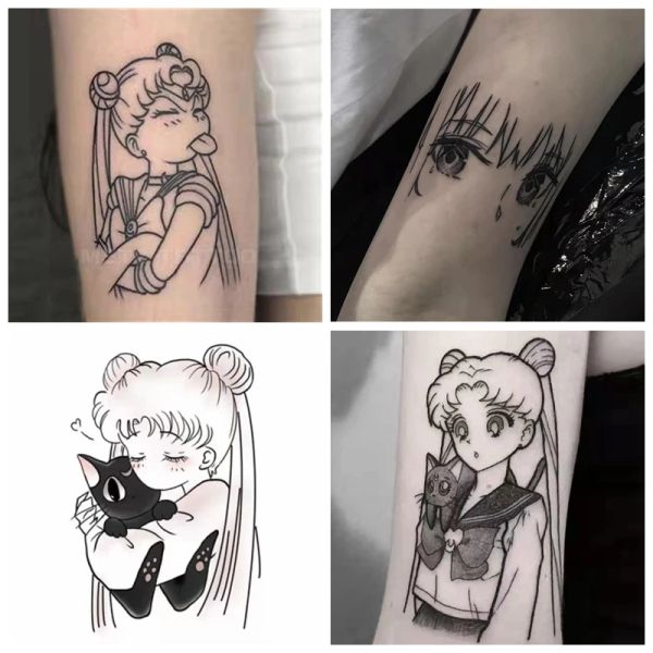 Dövmeler karikatür kız su geçirmez geçici dövme sticker dişi siyah beyaz güzel kız çiçek kolu kedi sanat sahte dövme moda dövme