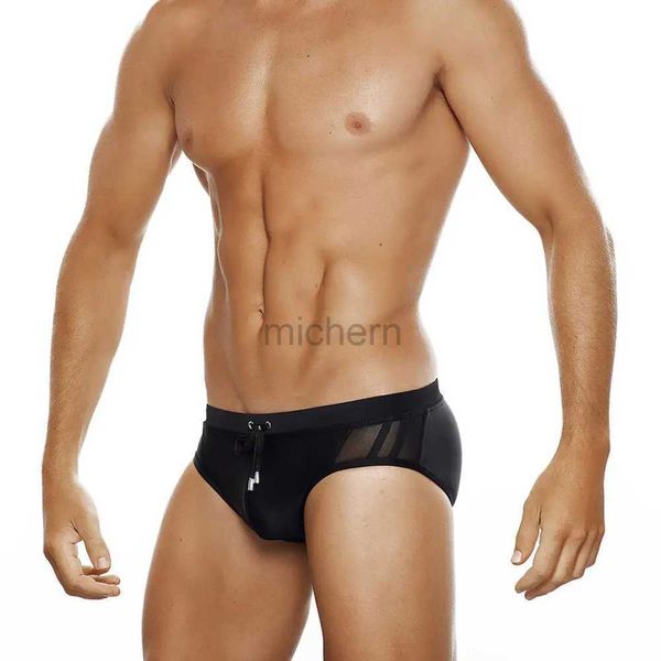 Smdy Men's Swimwear Bikini Uxh Mens com push-up Sexy Bulge aprimorando o Hollow Out Pure Black Translúcia Briefas de Natação Hi-Q Decidação rápida D240424