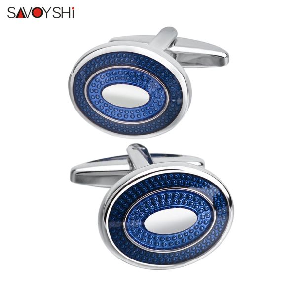 Links Savoyshi Classic Business Manschettenknöpfe für Herrenhemd hochwertige ovale blaue Emaille Manschette Knöpfe Spezial Geschenkfreier Gravur Name