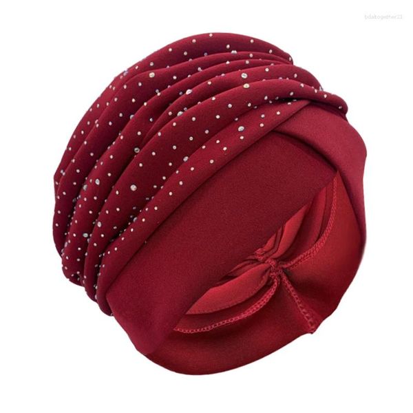 Ethnische Kleidung muslimische Kopftuchkapsel Lady Head Wrap Bonnet Fashion Hijab Turbane Afrikanische Indien Hüte Glitzer Diamant Plissee Turban Hut für