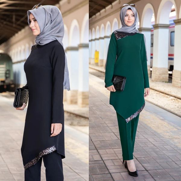 Roupas 2pcs Eid Mubarek Muslim Banquet serve feminino Moda Moda As calças de vestido de blusas