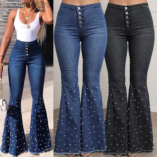 Jeans femininos de cintura média estirada flage mulheres calças de jeans larga perna largo bumbum casual estilo coreano skinny bount blood bolso calças