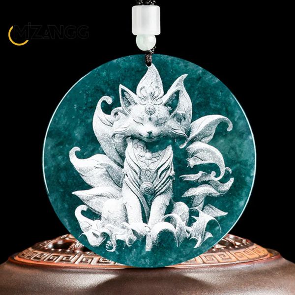 Colares de colares jadeita natural Água azul de ninetail pingente de raposa sombra escultura dragão masculino e feminino Jóias de jóias personalizadas