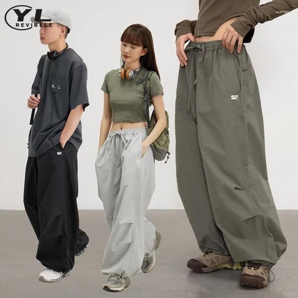 Erkek pantolon Amerikan Vintage Kargo Pantolon Erkek Kadın High Street Drawstring Fol Geniş Bacak Japon Jogging Sıradan Bol Spor Pantolonları