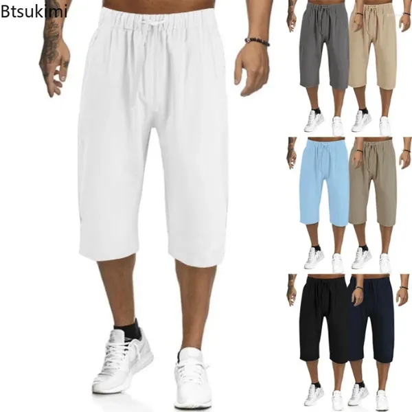 Pantaloni da uomo in cotone lino in cotone casual solido uomo a vitello sciolto pantaloni dritti della tuta estate pantaloni da spiaggia traspirante maschio maschio