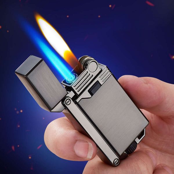 Персонализированная двойная огня более легкая металлическая классическая шлифовальная руля Сигарета зажигание переключаемое реактивное синий пламя ветропроницаемые гончики